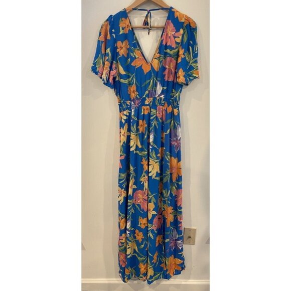 NWT Abel The Label Blue Star Maxi Dress Flutter Sleeve Pink Tropical Large - Picture 4 of 7